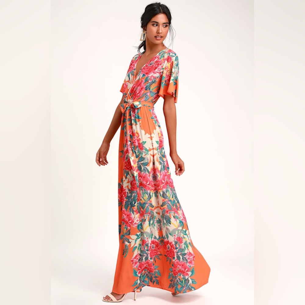 Lulus Still In Paradise Orange Floral Print Maxi Dress